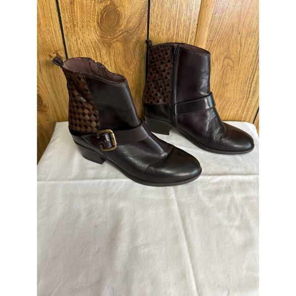 Sesto Meucci Women's Leather Woven Side Zip Ankle Boots Bootie Brown Size 6.5 - Picture 1 of 11